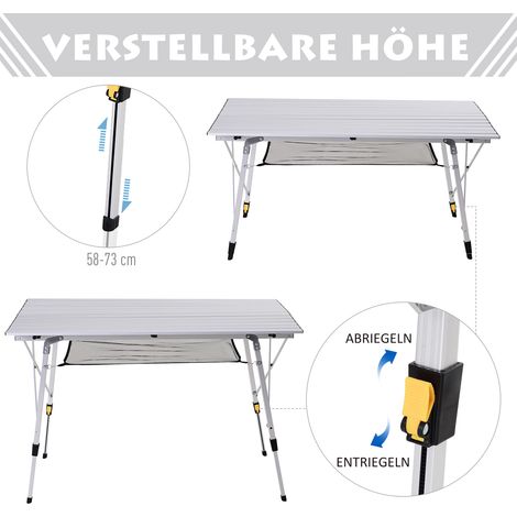 Table de pique-nique pliante Outsunny, table de camping ajustable en hauteur, aluminium argenté, avec housse de transport, 120 x 69 x 59-78 cm