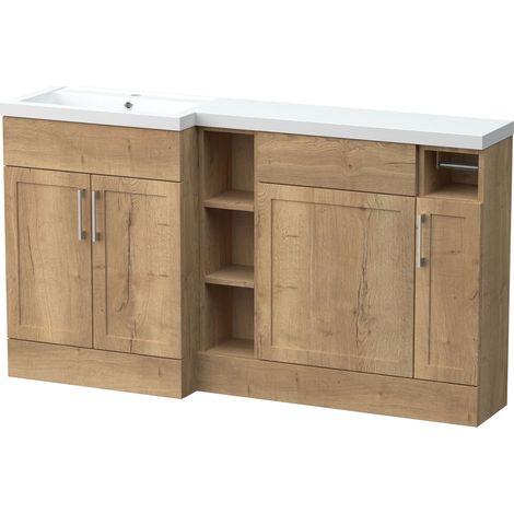 Pirehill Traditional Floor Standing 3 Door, Shelf Vanity WC Unit with Toilet Roll Holder and Basin, 1500mm, Left Hand, Autumn Oak