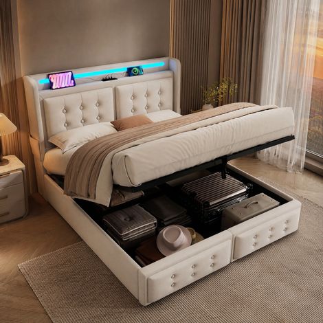 Lit coffre 160x200 avec LED et USB-C, beige HAVRYA (1/5)