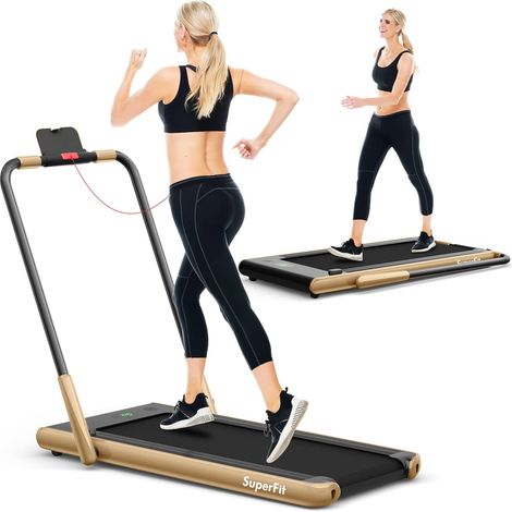 COSTWAY 2 in 1 Laufband mit APP & Fernbedienung Bluetooth 1-12 km/h LED Display Handyhalterung klappbar bis 120 kg belastbar Gold (1/5)