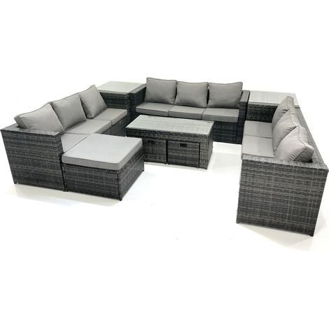 Fimous Outdoor Garden Furniture Set 9 Pieces Rattan Sofa Set with Coffee Table 3 Footstools Side Table Dark Grey Mixed (1/5)
