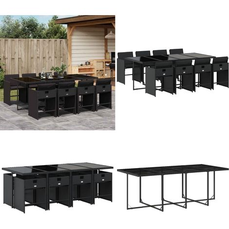 Set de comedor de jardín 9 pzas y cojines ratán sintético negro - Sillas de jardín - Cojines para sillas