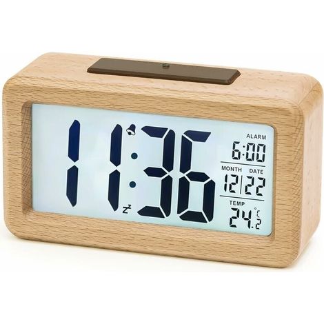 Digitaler Wecker aus Holz, LED-Wecker, nicht tickende Digitaluhr mit Datumsanzeige, Temperatur, Schlummerfunktion (1/4)
