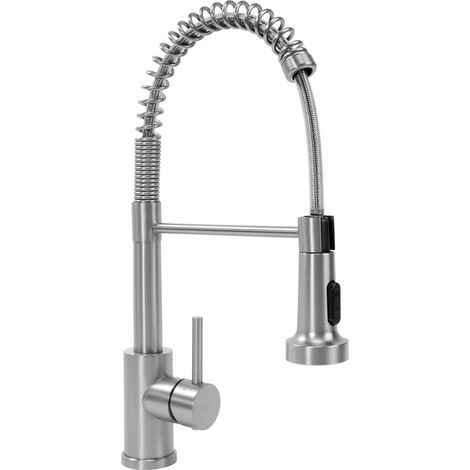 Mitigeur de cuisine haut en laiton brossé effet acier, cartouche céramique, aérateur air intégré, hauteur 43 cm, installation sur plan, raccords 3/8 (1/5)