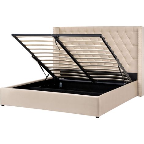 Bed Frame with Storage Beige Velvet Upholstered 6ft EU Super King Size High Headboard LUBBON (1/5)