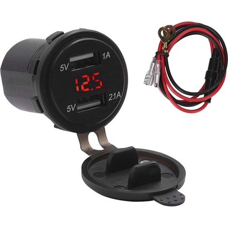 5V/1A 5V/2.1A Double Prises USB Chargeur Voiture Afficheur Tension Voltmètre Numérique Véhicule IP66 Étanche Rouge DC12-24V (1/5)