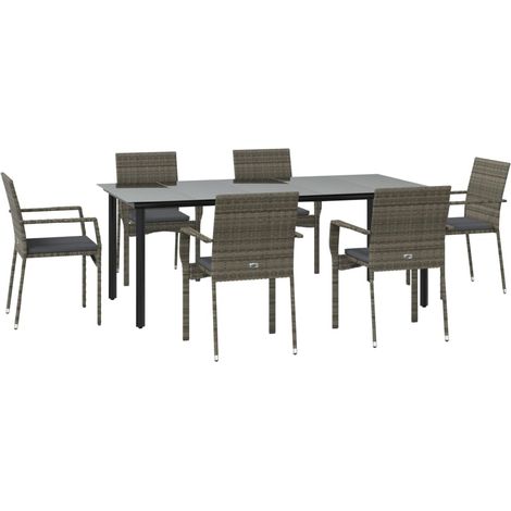 Set da pranzo da giardino in rattan nero e grigio da 7 pezzi con cuscini 020014907