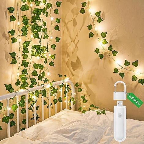 Guirlande lumineuse de lierre artificiel - 2 m - 20 LED - Batterie avec minuterie - Guirlande de fleurs à suspendre - Décoration pour jardin, balcon, mariage (1/5)