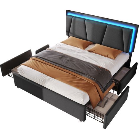 Letto matrimoniale imbottito 160x200 cm con LED, 4 cassetti, testiera regolabile e struttura resistente, grigio - CHICFURN (1/5)
