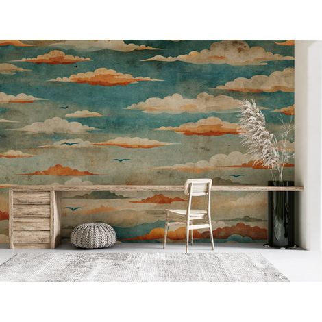 Papier peint nature - ciel moutonné aux reflets dorés - 150 x 250 cm (1/2)