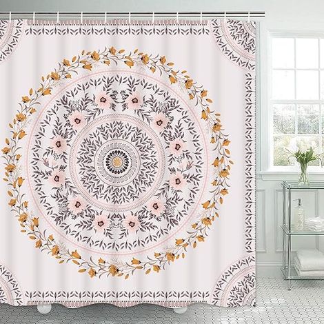 Rideau de douche mandala à motif floral médaillon avec 12 crochets, rideau de douche à fleurs dessinées avec couronne esthétique rose et marron, rideau de douche imperméable style hippie bohème pour s