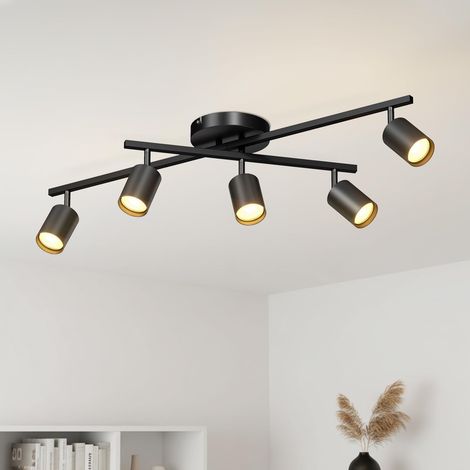 Spot Plafond Orientable, Plafonnier 5 Spot LED Noir, Luminaires Intérieur Lustre Cuisine GU10, Éclairage de Plafond, Lustre Salon, Socle Métallique (Sans Ampoule) (1/5)