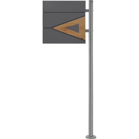 ECD Germany Standbriefkasten mit Zeitungsfach, Design Briefkasten mit Pfosten, Briefkastenanlage, Briefkastenständer 120 cm Silber Edelstahl, Postkasten 37 x 36,5 cm Anthrazit Natur Eicheoptik Stahl