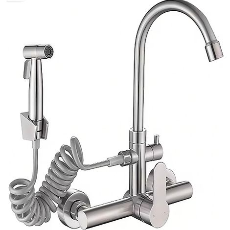 Mitigeur de Cuisine Montage Mural Tréfilage En Acier Inoxydable Robinet de Cuisine Mural avec Pistolet, Pivotant à 360° Robinet Mélangeur Avec Pistolet Et 2 Types De Jet D'eau