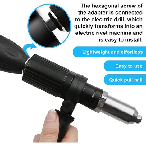 Adaptador para remachadora eléctrica, adaptador para taladro remachador, herramienta de inserción de tuercas para remachadora con cabezal de remache de 2,4/3,2/4,0/4,8 mm de diámetro y llave con mango (1/4)
