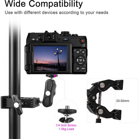 Pince multifonctionnelle en alliage d'aluminium avec double rotule rotative à 360°, fixation par vis 1/4", filetages 1/4" et 3/8", charge maximale de 1,5 kg (1/4)
