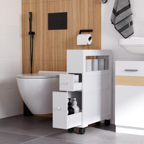 Rollbarer Badezimmerschrank, WC-Schrank, offenes Regal, 2 Schubladen, 16 x 52 x 71,5 cm, weiß (1/5)