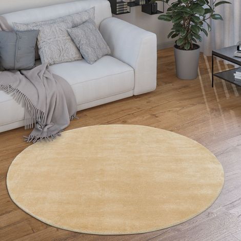 Paco Home Teppich Rund Wohnzimmer Kurzflor Modern Flauschig Waschbar Einfarbig Rutschfest Beige, 120 cm Rund
