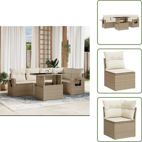 The Living Store Salon de jardin avec coussins 6 pcs beige résine tressée - Ensemble Salon De Jardin - Meuble Extérieur - Résine Tressée - Rotin Synthétique - Table Extensible (1/5)