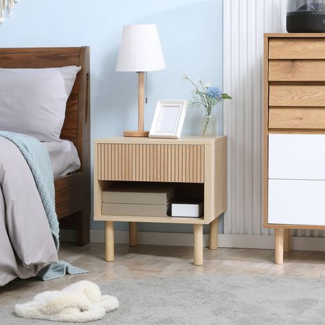 Comodino con cassetto e ripiano a giorno, stile moderno per camera da letto, 47x47x50 cm, legno naturale.