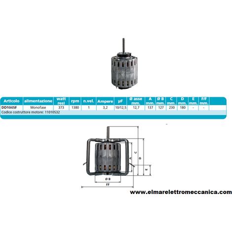 DD104SF 373 W 1380 GIRI Motore Elettrico Monofase Ventilatore Centrifugo Assiale