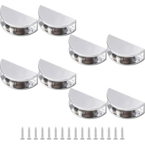 Lot de 8 pinces réglables pour étagère en verre, sans cadre, en alliage de zinc, clips de serrage en verre demi-ronds, chromés, polis, fixation murale pour verre de 5 à 8 mm d'épaisseur (1/5)