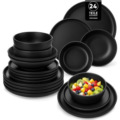 Geschirrset 6 Personen Steingut Teller Schalen 24 Teile Set Schwarz (1/5)