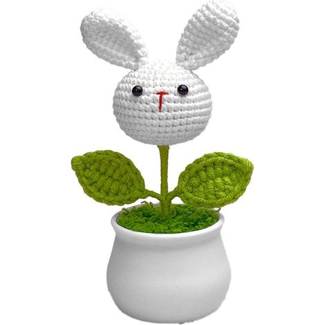 Pot de fleurs lapin blanc tricoté fait main décoration intérieure style scandinave original et charmant pour plante verte (1/4)
