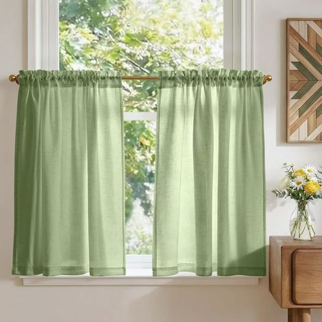 2 Panneaux Rideau Cuisine, Vert 65x90cm, Passe Tringle, Lin Polyester, Pour Fenêtre Placard
