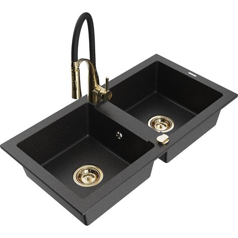 Mexen Mario 2-Kammer Granitspüle mit Küchenarmatur Aster, schwarz/silber metallic - 6504-73-73450-57-G (1/5)
