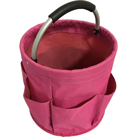 Faltbarer Werkzeugkorb (17 l) mit mehreren Fächern, runder Gartengerätekorb, multifunktionaler Korb mit Griff, Aufbewahrungskorb für Werkzeug und Spielzeug (Rosa)