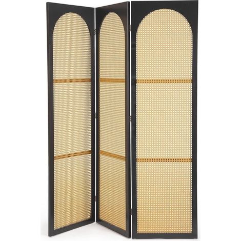 Paravent séparateur vintage en bois et rotin noir 150x2x180 Josine YES (1/3)