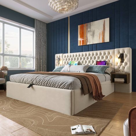 Lit coffre 160x200 cm beige en velours avec 2 chevets, tête de lit LED et port USB (1/5)