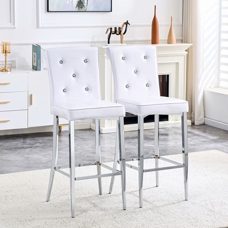 Lot de 2 tabourets de bar, blanc imitation cuir crocodile avec boutons en cristal, tabourets de comptoir à dossier haut avec pieds métalliques chromés, tabourets de bar pour cuisine, îlot, comptoir (1/5)