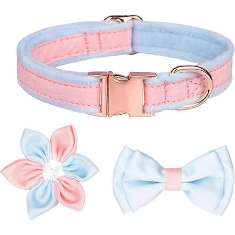Prinz Katzenhalsband, Blumen-Hundehalsband mit Fliege, funkelnder Kristall, 3-teiliges Set (L, rosa, blau).