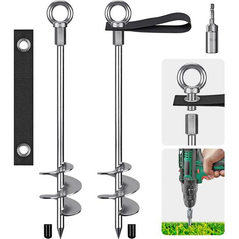 Piquet de Tente, Sardines de Fixation Lourd Ancrage de Terre Métallique, 45cm Lame Spirale Vissée dans Trampolines Kit pour Balançoire/Camping/Chien/Abri de Coiture avec Sangle Boucle Fixe,2pcs (1/5)