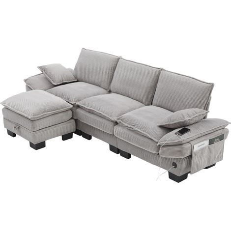Divano modulare 3 posti con pouf in velluto a coste grigio chiaro HOMVRA (1/5)