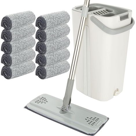 Ensemble balai plat et seau mains libres avec 10 serpillères réutilisables en microfibre et manche en acier inoxydable de 123 cm de long, balai en microfibre pour carrelage, marbre (1/5)