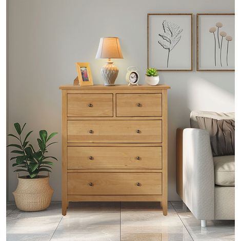 Hallowood Furniture Aston 2 Over 3 Chest of Drawers, 5-Drawer Solid Wooden Light Oak Dresser, Storage Drawer for Living Room & Hallway, Fully Assembled Bedroom Furniture (1/5)