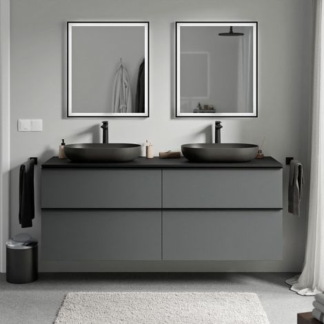 BERNSTEIN - Mueble lavabo suspendido MDF antracita mate, encimera + tirador de lavabo negro mate 160x46x62cm - LAVOA antracita mate, Negro mate, Negro mate