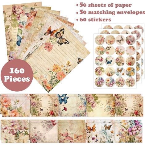 Ensemble de papeterie et enveloppes (160 pièces) - 10 motifs différents - 50 feuilles de papier simple face - 50 enveloppes assorties - 60 pastilles autocollantes rondes - 14 x 21 cm - Motif végétal v (1/5)