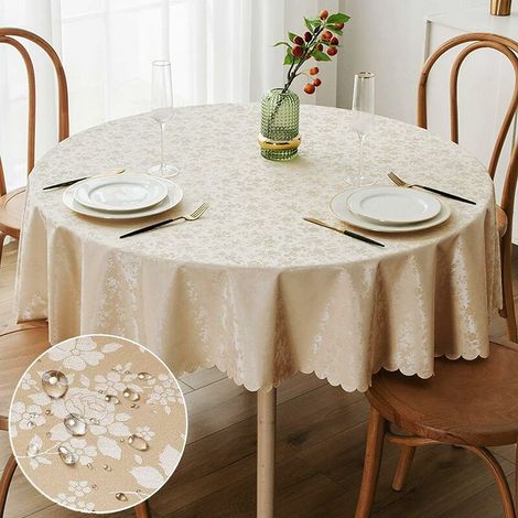Nappe ronde en vinyle imperméable, résistante et lavable, idéale pour la cuisine et la salle à manger (beige, 152 cm de diamètre). (1/5)