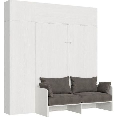 Armoire lit 120x190 escamotable avec colonne de rangement et éléments hauts avec mobilier bois frêne blanc Kanto (1/5)