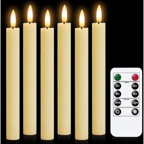Set of 6 Flameless Flickering LED Candles, 2 cm Diameter, 16.5 cm Height, Ivory, Battery Operated Candles with Remote Control and Timer (1/5)