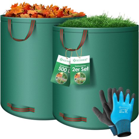 KESSER® Gartensack Set Laubsack Gartenabfallsack inkl. Handschuhe - Selbststehend 4 Griffe Stabil Robust & Faltbar - Laubsäcke Rasenschnitt Gartensäcke Grün / 2x 500 Liter