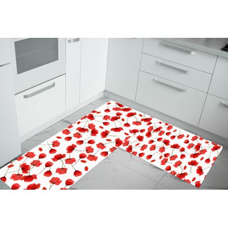 Set di 2 tappeti da cucina antiscivolo e lavabili in lavatrice passatoia multiuso Papaveri - 50x60+50x120