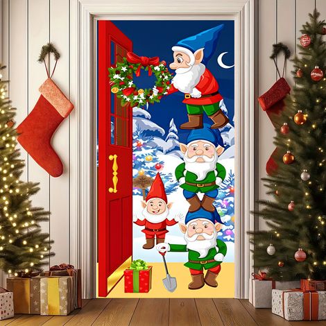 Rideau de porte de Noël 2026, bannière extérieure avec fond photo Père Noël et chien, tissu à suspendre - 90 x 180 cm (rainure + ruban) - 32