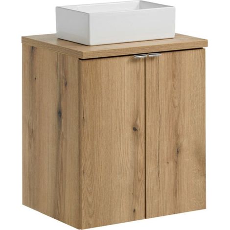VANO Set in Eichenoptik 50cm: Unterschränke mit Türen + Platte für Waschbecken + rechteckige Aufsatzwaschbecken