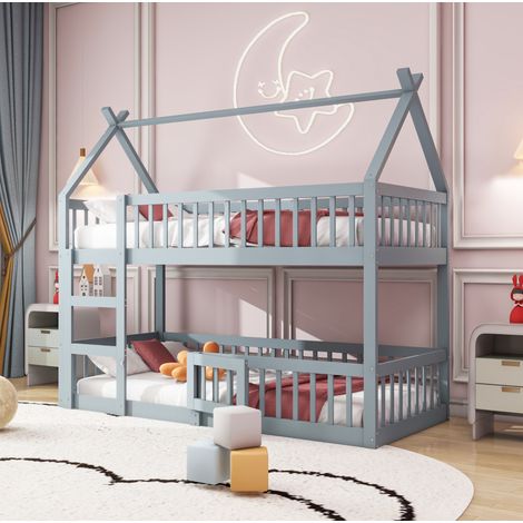Lit mezzanine enfant style loft en bois gris 90x200 cm avec escalier intégré et barrières hautes (1/5)