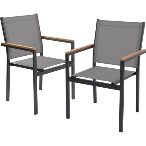 ML-Design Juego 2x Sillas de Jardín Gris Oscuro Asiento de Textilene para Terraza, Aspecto Madera y Estructura de Aluminio con Reposabrazos y Respaldo Mueble Apliable Resistente a la Intemperie (1/5)